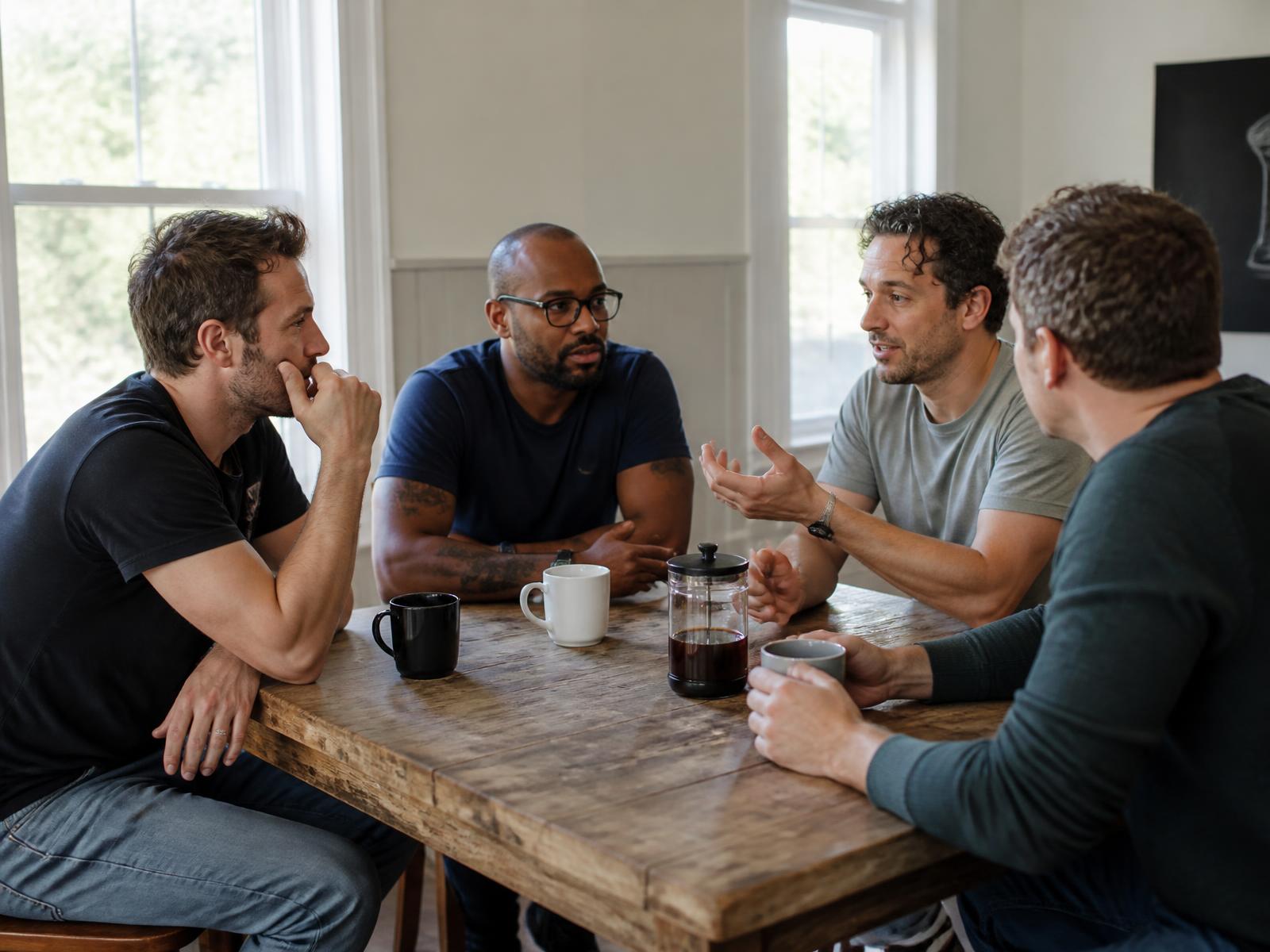 Four fathers sitting around a kitchen table in honest conversation