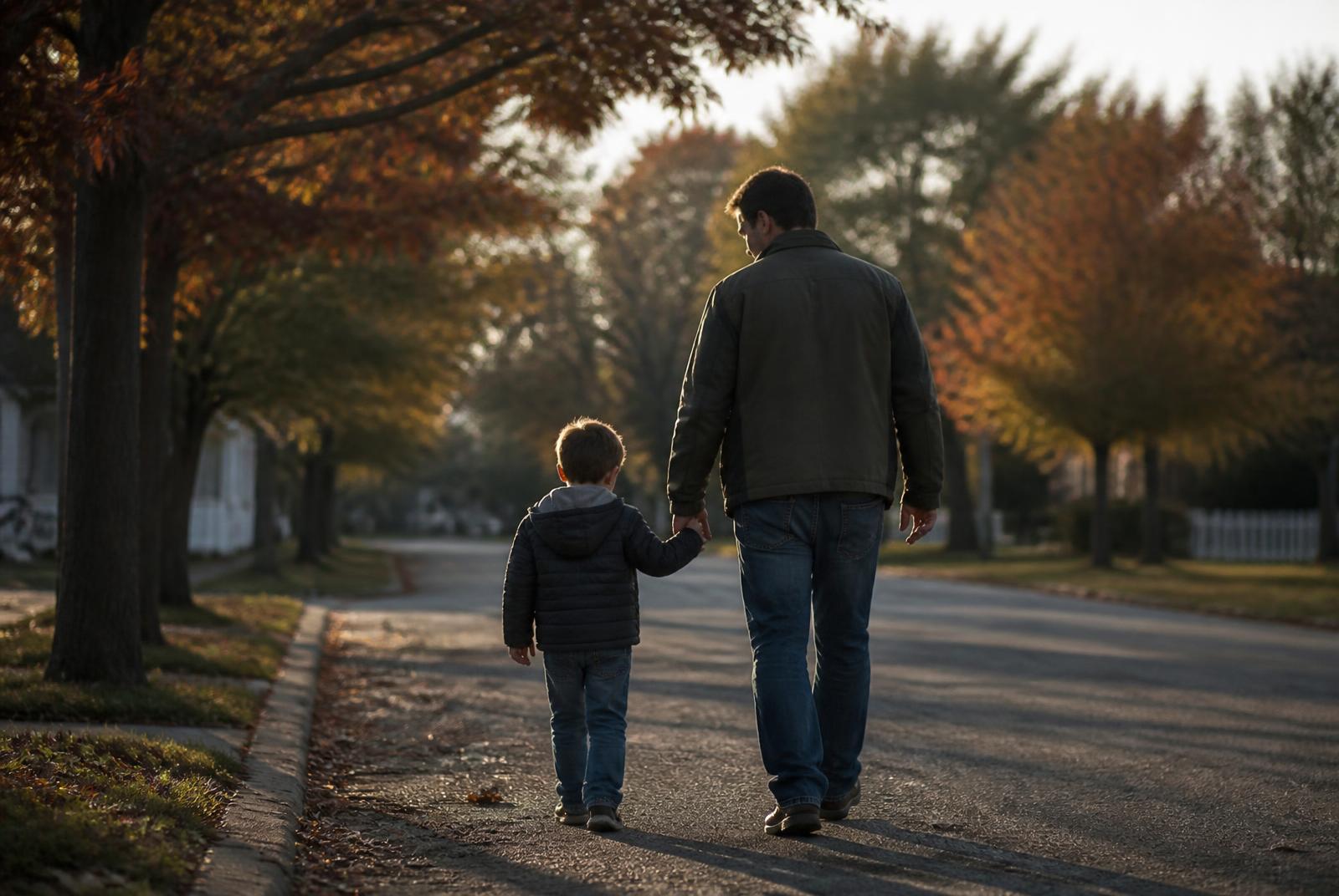 A father walking down a neighborhood street holding his young son's hand